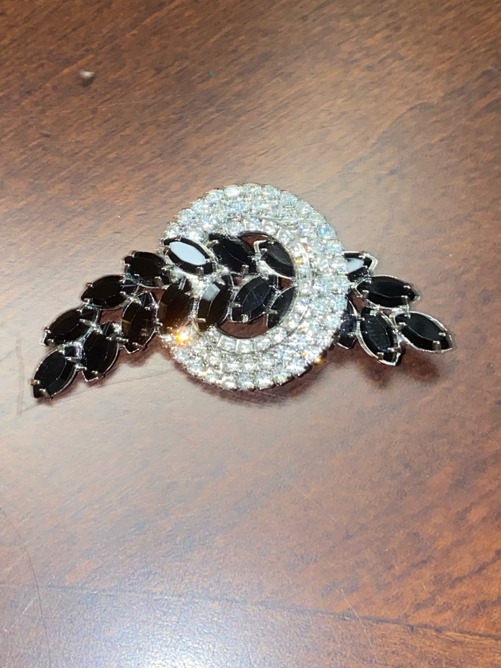 Vintage Jet Black Navette & Clear Rhinestone Circle Laurel Spray Brooch Pin